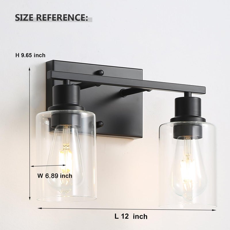 EMONG 2-Lights Bathroom Light Fixtures, Matte Black Vanity Light with Glass Shade, Modern Wall Sconces Lighting for Bathroom,Mirror,Farmhouse,Hallway - Image 2